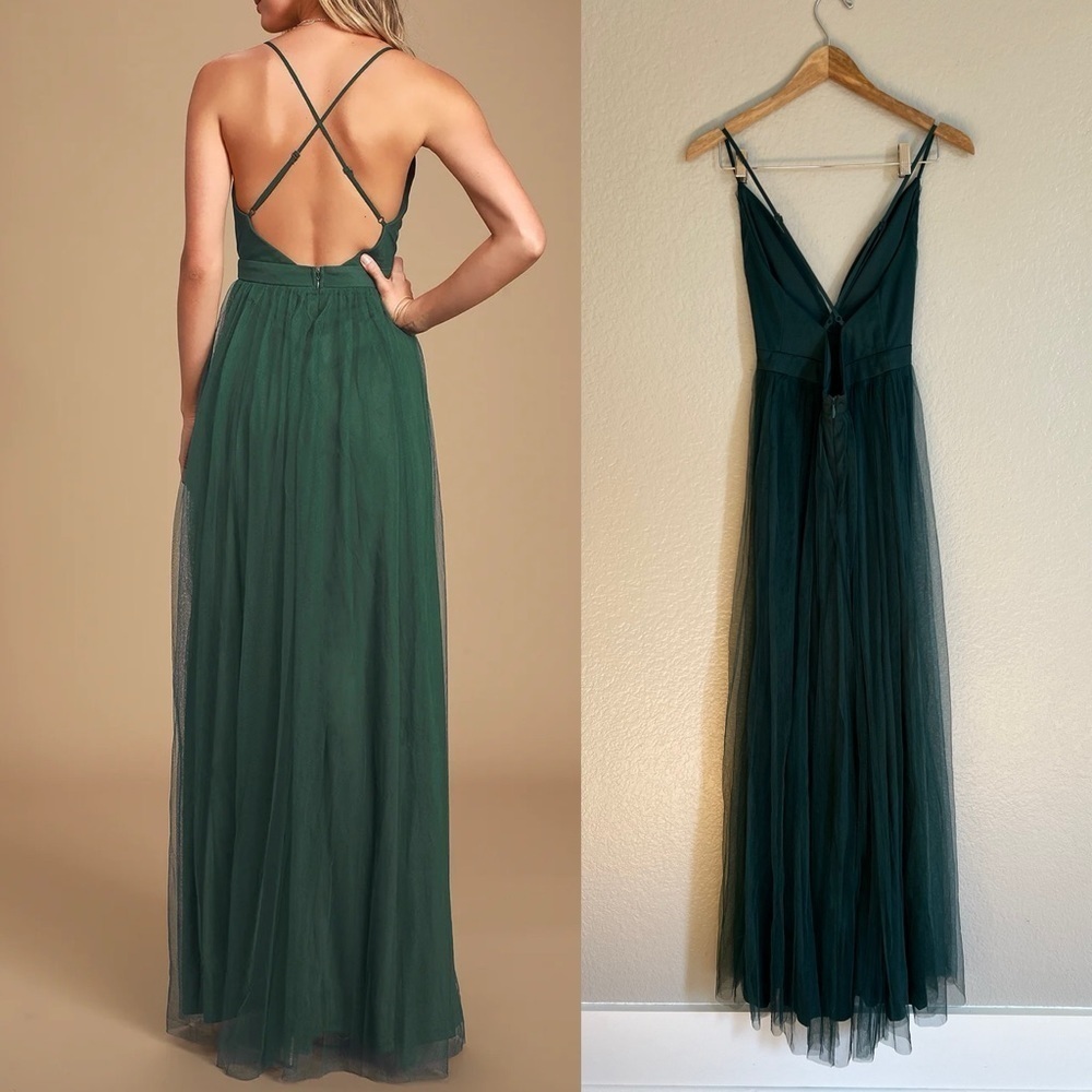 NWOT Lulus Rare Beauty Hunter Green Tulle Backless Maxi Dress - Picture 3 of 8